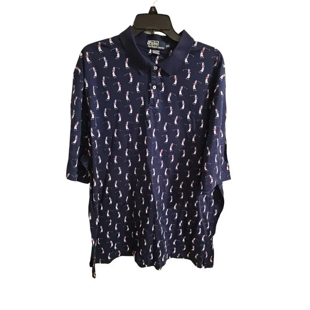 Polo Ralph Lauren sz XXL vintage navy golfer print polo golf shirt MT87